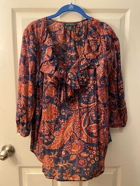 Lauren Ralph Lauren Navy and Red Paisley Ruffle V-Neck Blouse